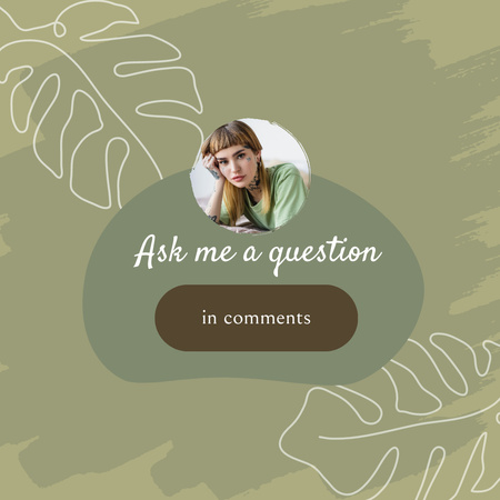 Välilehti, jossa voit esittää kysymyksiä Nuoren naisen kanssa vihreällä Instagram Design Template