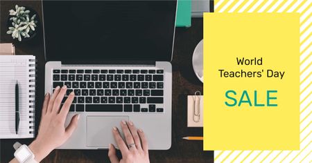 Teacher's Day Offer with Woman typing on Laptop Facebook AD Design Template