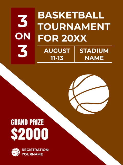 Basketball Tournament Announcement with Ball on Brown Poster US Tasarım Şablonu