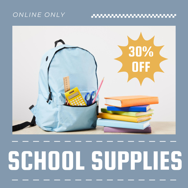Discount Offer on School Supplies with Blue Backpack Instagram Πρότυπο σχεδίασης