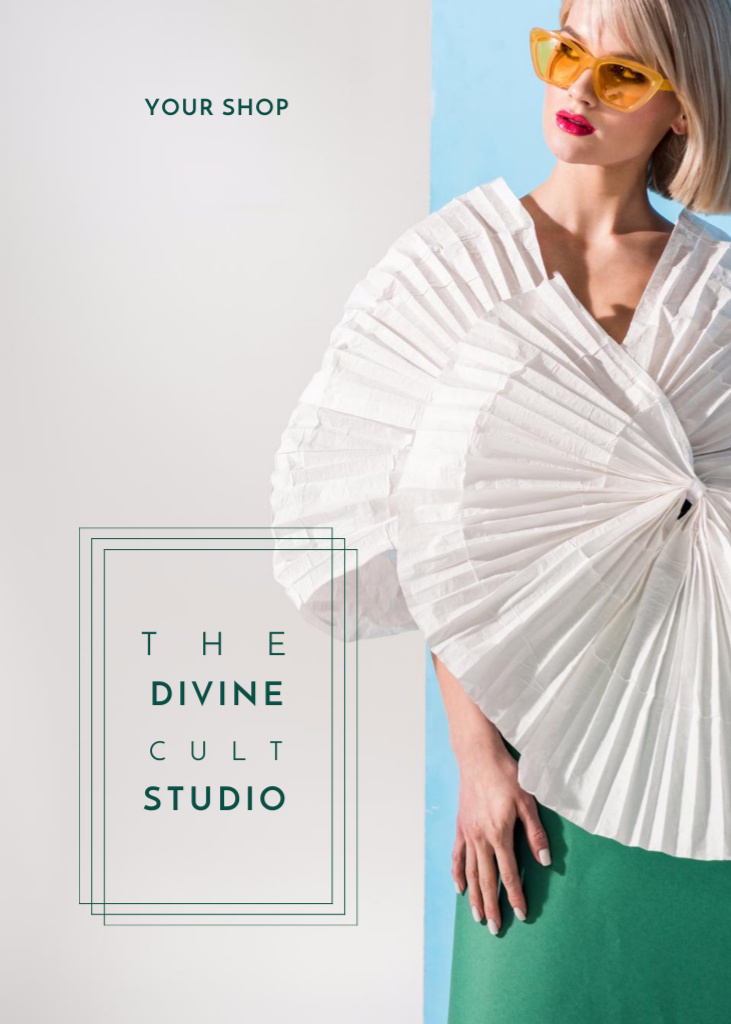 Ontwerpsjabloon van Postcard 5x7in Vertical van Fashion Company Promotion With Woman in Fancy Dress