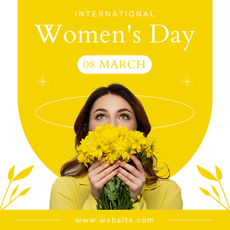 Designvorlage Frau mit gelben Frühlingsblumen am Frauentag für Instagram