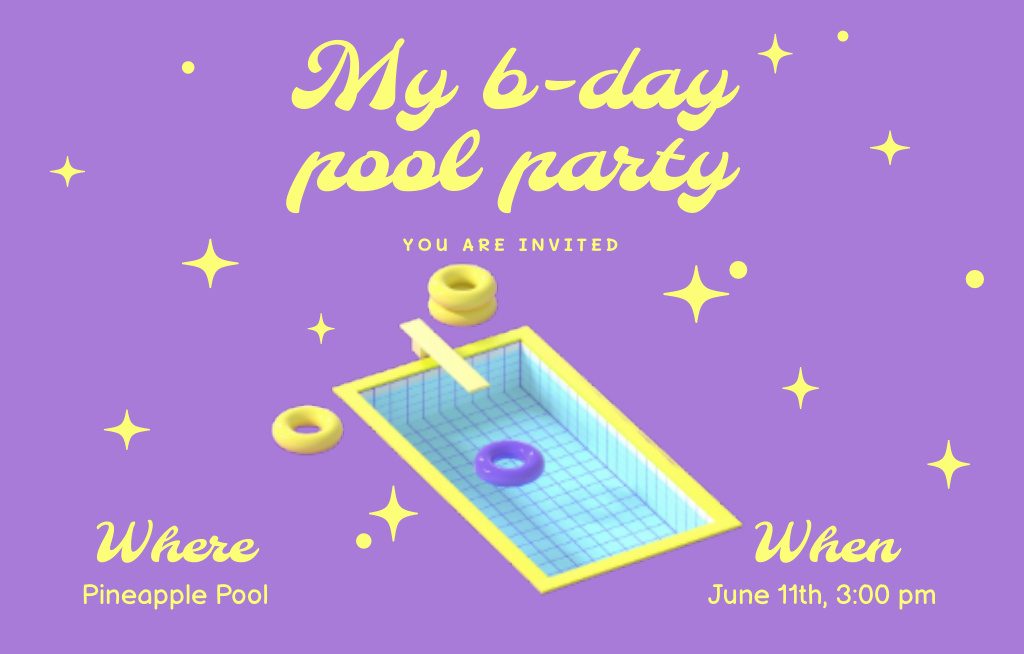 Birthday Pool Party Announcement with Yellow Stars Invitation 4.6x7.2in Horizontal – шаблон для дизайна