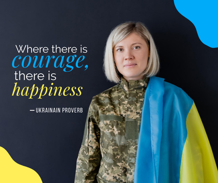 Designvorlage Woman in Military Uniform with Ukrainian Flag für Facebook
