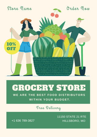 Grocery Store Promotion with Fruit and Vegetable Basket Poster Design Template