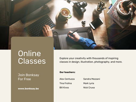 Online Art Classes Ad with Laptop and Drawings Poster 18x24in Horizontal Design Template