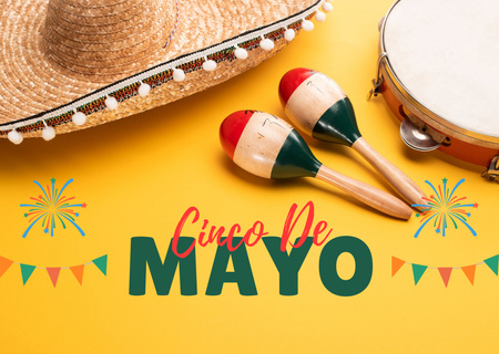 Cinco de Mayo Greeting with Maracas and Tambourine Card Design Template