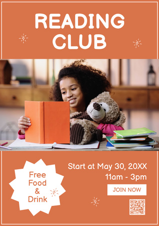 Little Girl with Book in Reading Club Poster Design Template