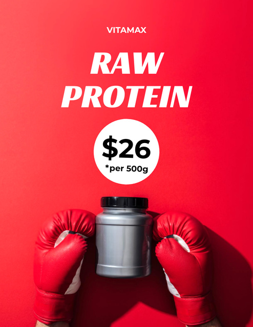 Raw Protein Offer with Grey Jar in Boxing Gloves In Red Flyer 8.5x11in Modelo de Design