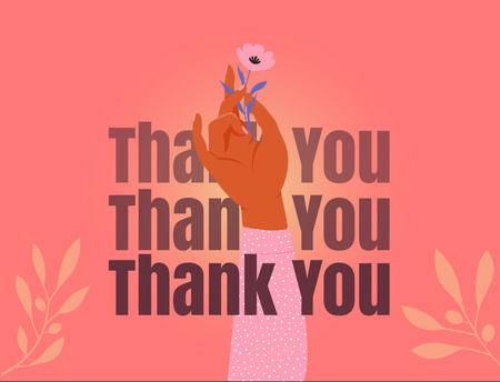 Platilla de diseño Cute Thankful Phrase with Hand Holding Flower on Pink Postcard 4.2x5.5in