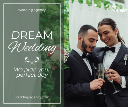 Designvorlage Hochzeitsplaner-Dienstleistungsangebot mit glücklichem schwulem Paar für Facebook