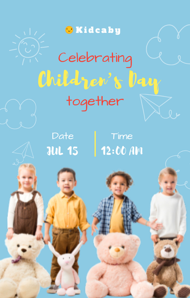 Children's Day Celebration With Kids And Toys Invitation 4.6x7.2in Design Template