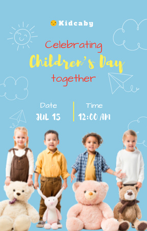 Plantilla de diseño de Celebración del día del niño con niños y juguetes. Invitation 4.6x7.2in 