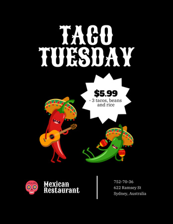 Taco Tuesday Announcement with funny peppers Flyer 8.5x11in Tasarım Şablonu