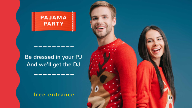 Pajama Party Announcement with Couple in Funny Sweaters FB event coverデザインテンプレート