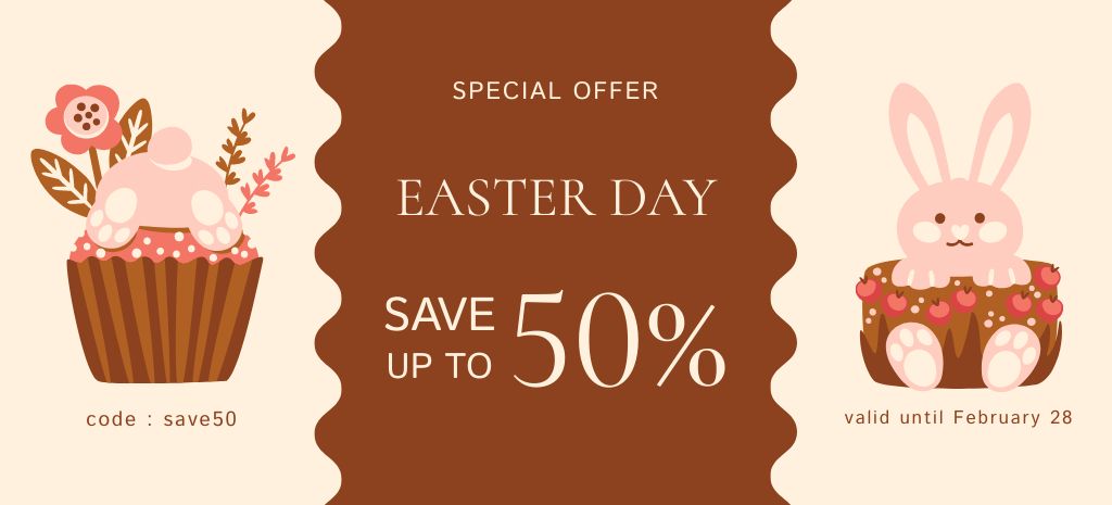 Easter Day Sale with Cute Bunny and Cupcake Coupon 3.75x8.25inデザインテンプレート