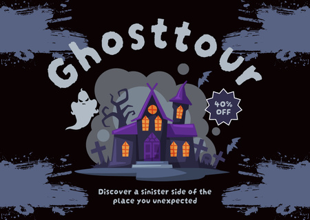 Designvorlage Ghost Tours Sale mit Cartoon-Illustration eines gruseligen Hauses für Card