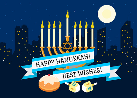 Happy Hanukkah greeting with Menorah and Night city Postcard Design Template