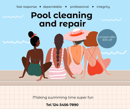 Pool Cleaning Service Offer with Young Women Company Facebook Design Template