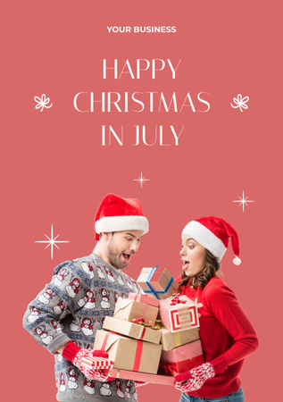 Christmas Party in July with Young Happy Couple Flyer A5 Design Template