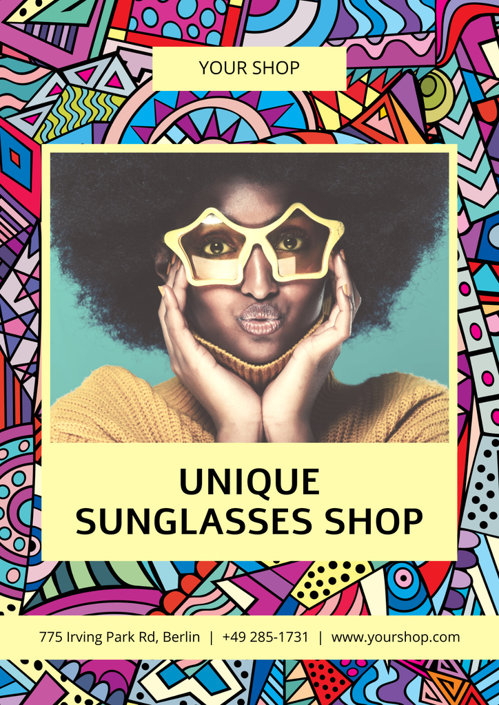 Sunglasses Shop Ad with Black Woman Poster Tasarım Şablonu