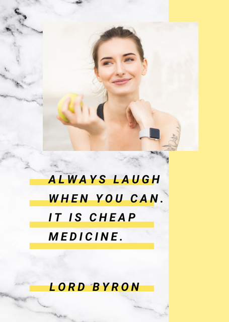 Quote About Health And Laugh In Yellow Postcard A6 Vertical Design Template