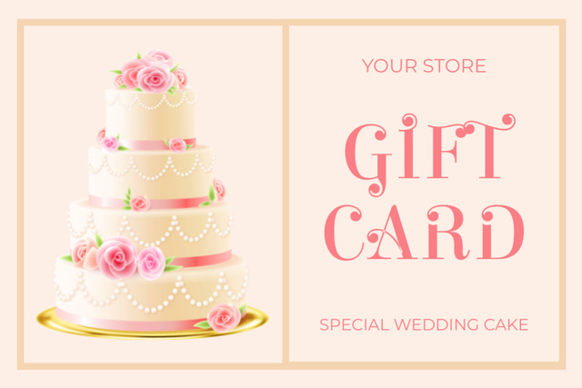 Bakery Ad with Wedding Cake Decorated with Roses Gift Certificate Design Template