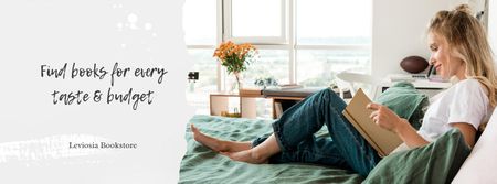 Books App Offer with Woman reading in bed Facebook cover Modelo de Design
