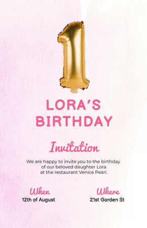 Designvorlage Geburtstagsfeier für ein einjähriges Mädchen für Invitation 5.5x8.5in
