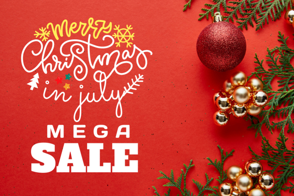 Magical July Christmas Sale Announcement With Baubles Flyer 4x6in Horizontalデザインテンプレート
