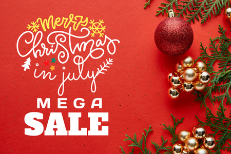 Magical July Christmas Sale Announcement With Baubles Flyer 4x6in Horizontal Modelo de Design