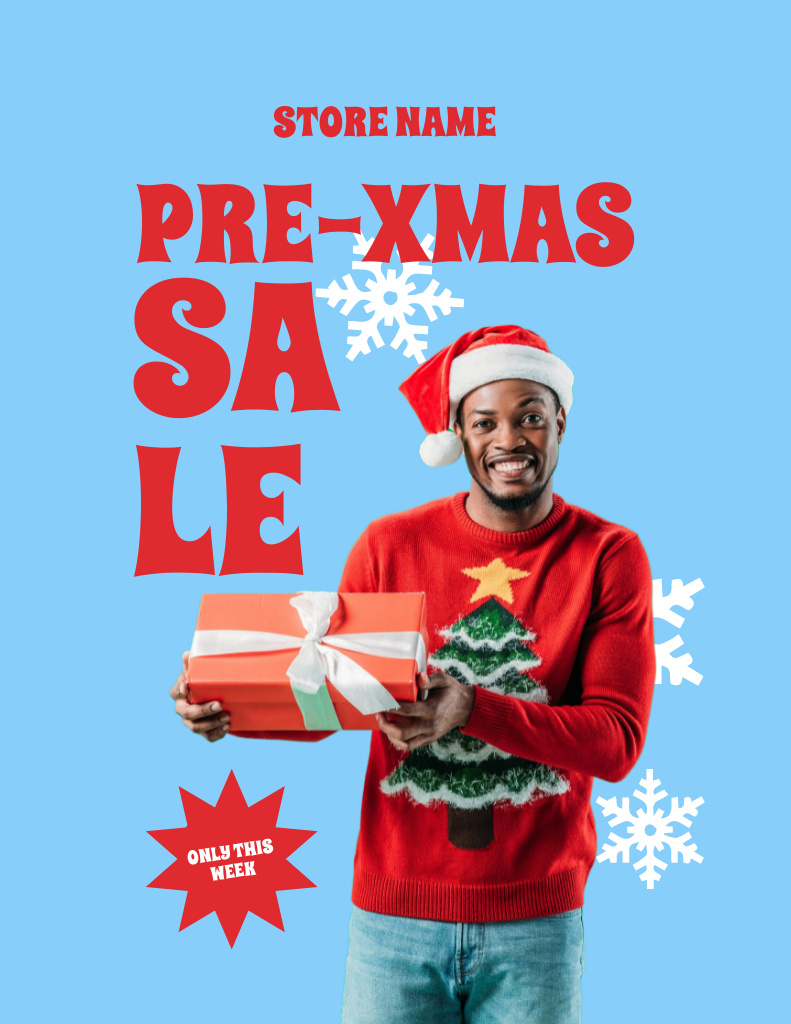 Pre-Christmas Sale Announcement with Man in Bright Sweater Flyer 8.5x11inデザインテンプレート