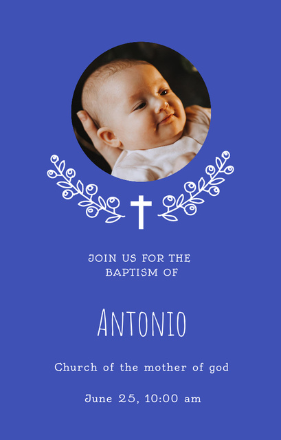 Baptism Announcement With Cute Newborn In Blue Invitation 4.6x7.2in Design Template