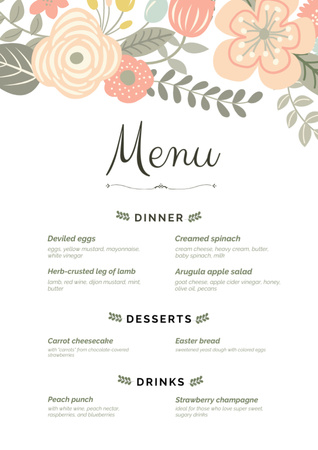 Simple Wedding Food List with Cartoon Flowers Menu Modelo de Design