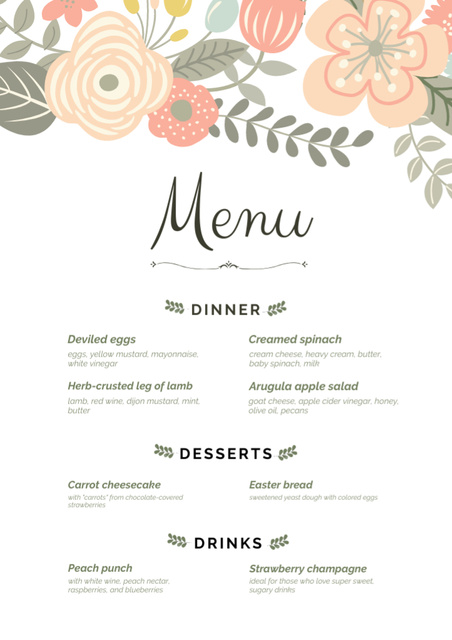 Simple Wedding Food List with Cartoon Flowers Menu tervezősablon