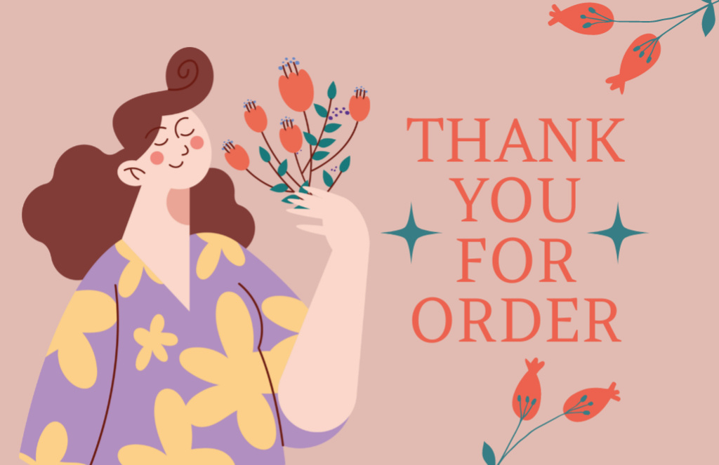 Thank You Phrase with Woman Holding Flowers Thank You Card 5.5x8.5in – шаблон для дизайна