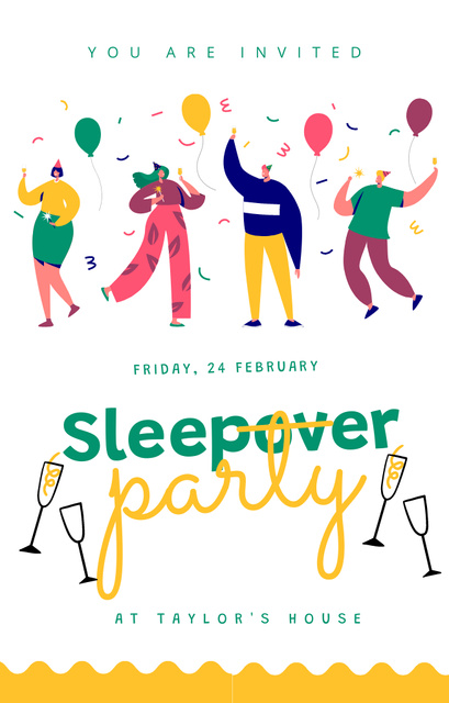 February Sleepover Party with Ballons Invitation 4.6x7.2in Design Template