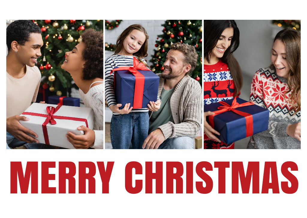 Christmas Greeting Everyone Giving Presents Postcard Design Template