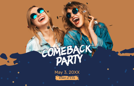 Ontwerpsjabloon van Flyer 5.5x8.5in Horizontal van Comeback-feestaankondiging met gelukkige meisjes en confetti
