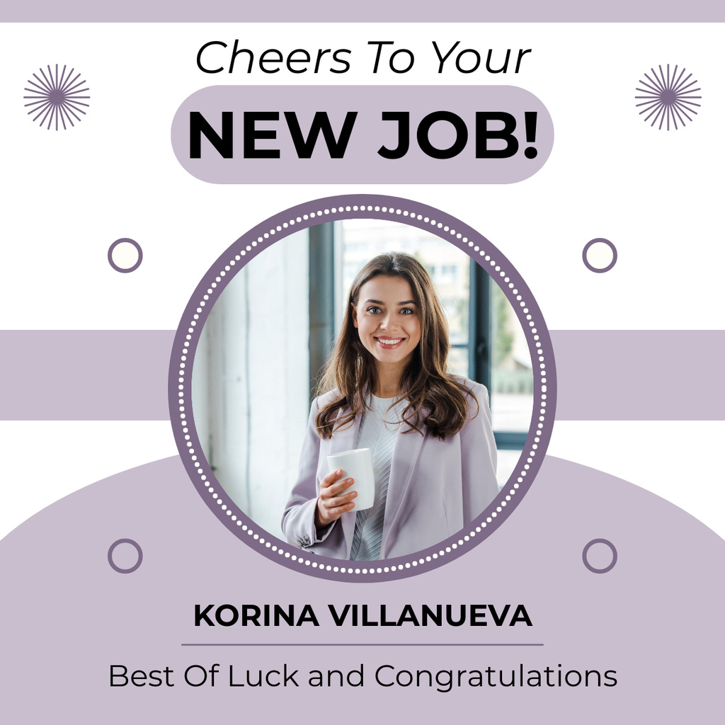 Greetings for New Job to a Woman on Purple LinkedIn post Design Template