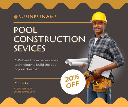 Platilla de diseño Discount Offer on Pool Construction with Young Engineer Facebook