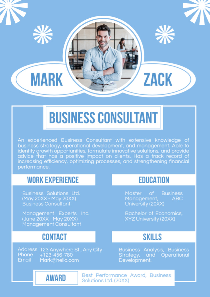 Szablon projektu Skills and Experience in Business Consulting with Young Man Resume