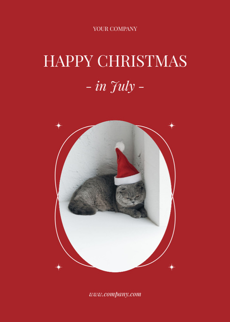 Bright Christmas in July Salutations with Cat In Red Postcard 5x7in Vertical Design Template