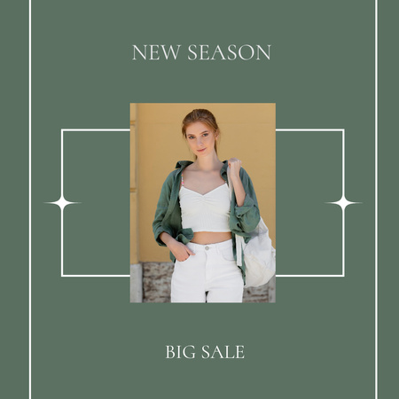 New Clothing Collection Ad with Young Woman in Green Shirt Instagram Design Template