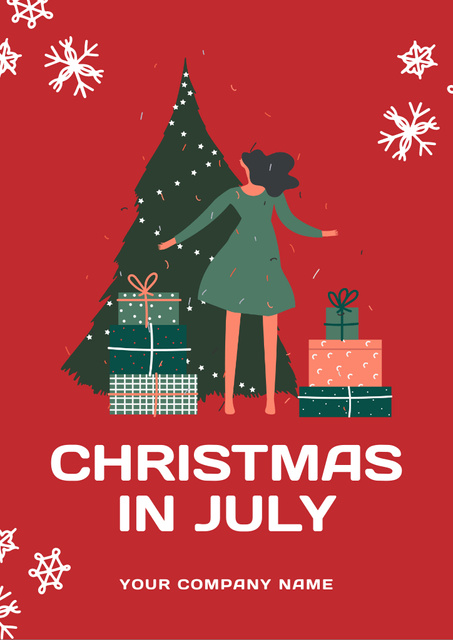 Celebrating Christmas in July with Woman and Gifts Flyer A4 Design Template