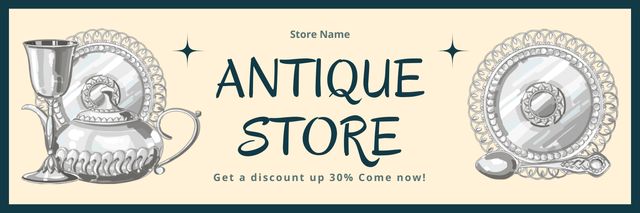 Ontwerpsjabloon van Twitter van Antique Store Offer Timeless Tableware With Teapot At Discounted Rates