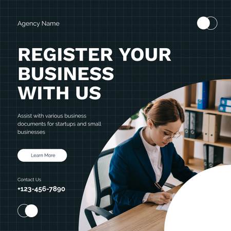 Offer of Business Registration with Businesswoman at Workplace LinkedIn post Design Template