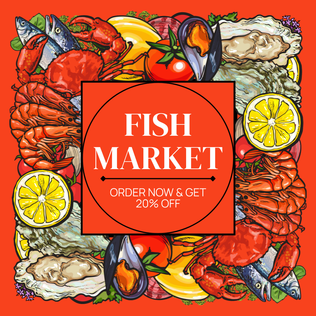 Fish Market Ad with Bright Illustration of Seafood Instagramデザインテンプレート