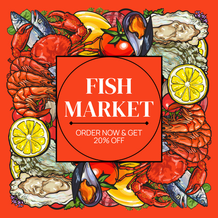 Fish Market Ad with Bright Illustration of Seafood Instagram Design Template