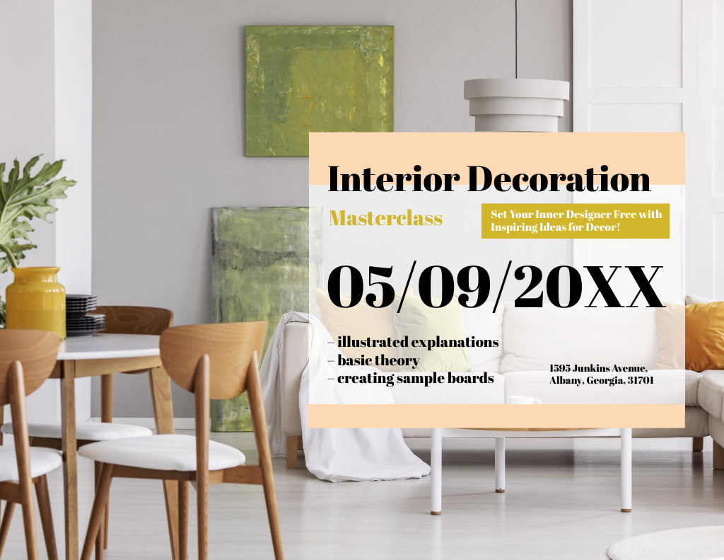 Interior Decoration Masterclass Offer with Pastel Room Flyer 8.5x11in Horizontal Design Template